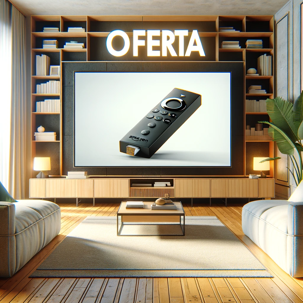 imagen de una sala de estar moderna con un Amazon Fire TV Stick al lado del televisor. La palabra "OFERTA" aparece de manera destacada en el centro de la imagen, destacando una oferta especial en un ambiente cómodo y experto en tecnología.