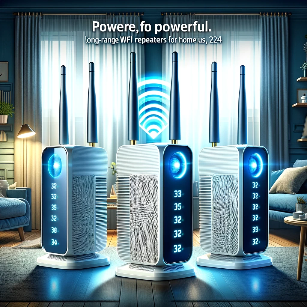 La imagen muestra tres repetidores WiFi de largo alcance, diseñados para uso doméstico. Cada repetidor tiene características distintivas y está situado en diferentes habitaciones, demostrando su versatilidad en un entorno residencial.