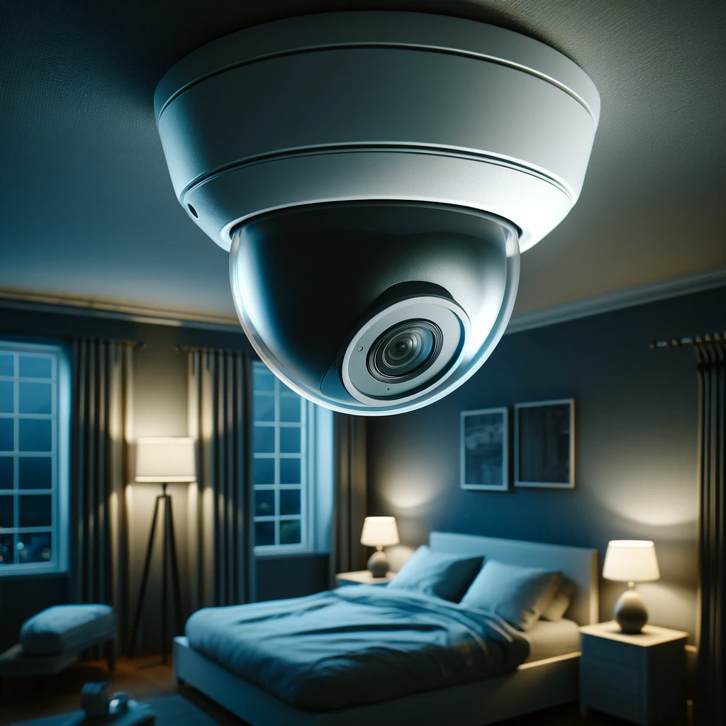 imagen de una cámara de vigilancia con visión nocturna tipo domo que monitorea un dormitorio durante la noche.